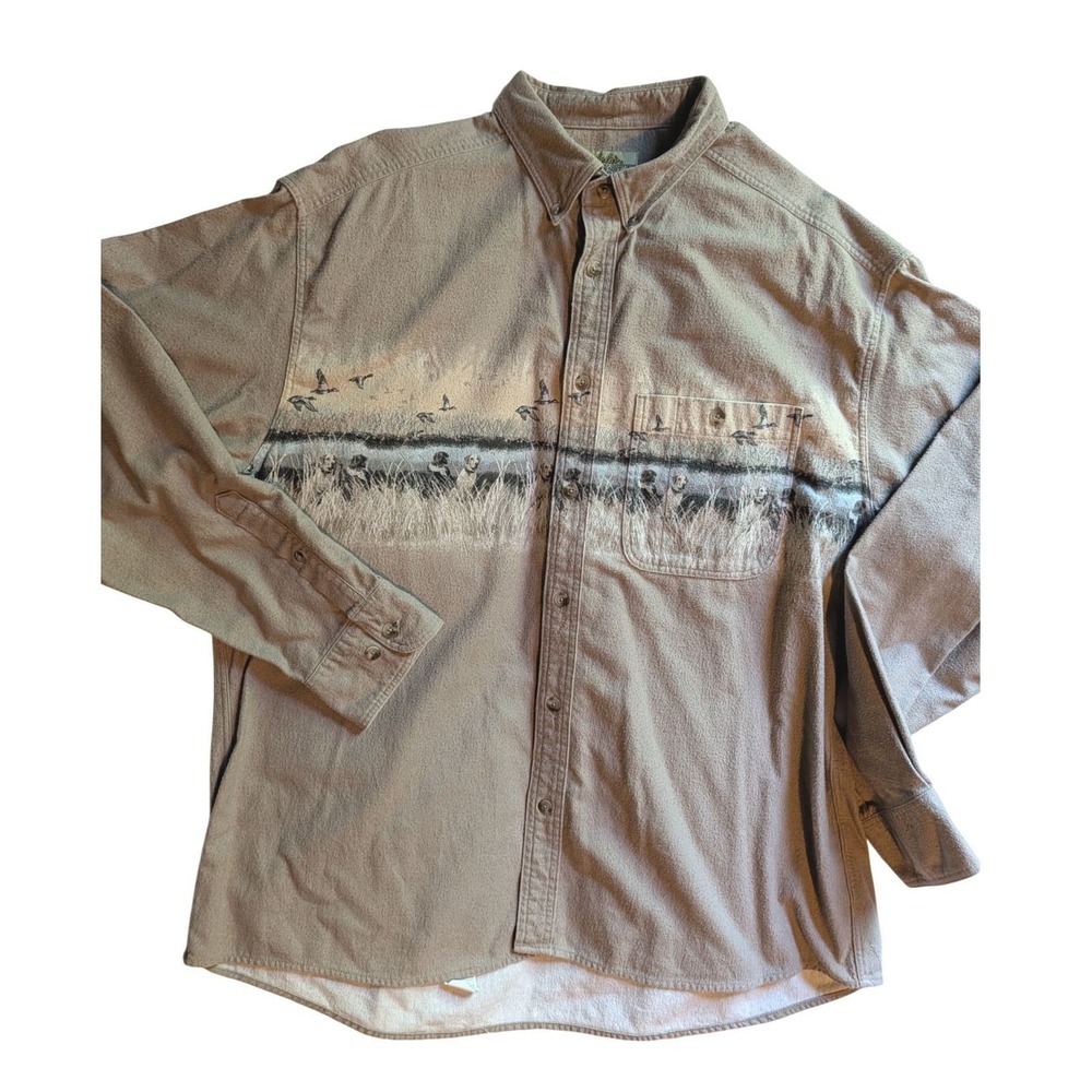 Cabelas Deerskin Soft Chamois Shirt XL Mens Tan Hunting Dog Duck Graphic Flannel